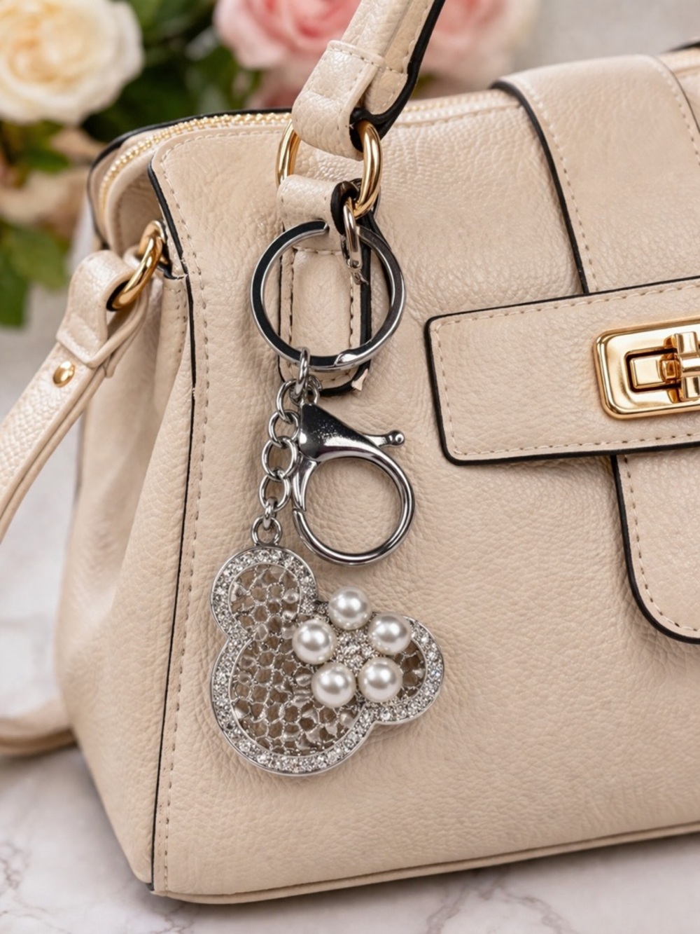 Minnie Inspired Pearl Rhinestone Keychain SilverTone Cute Bag Charm New
